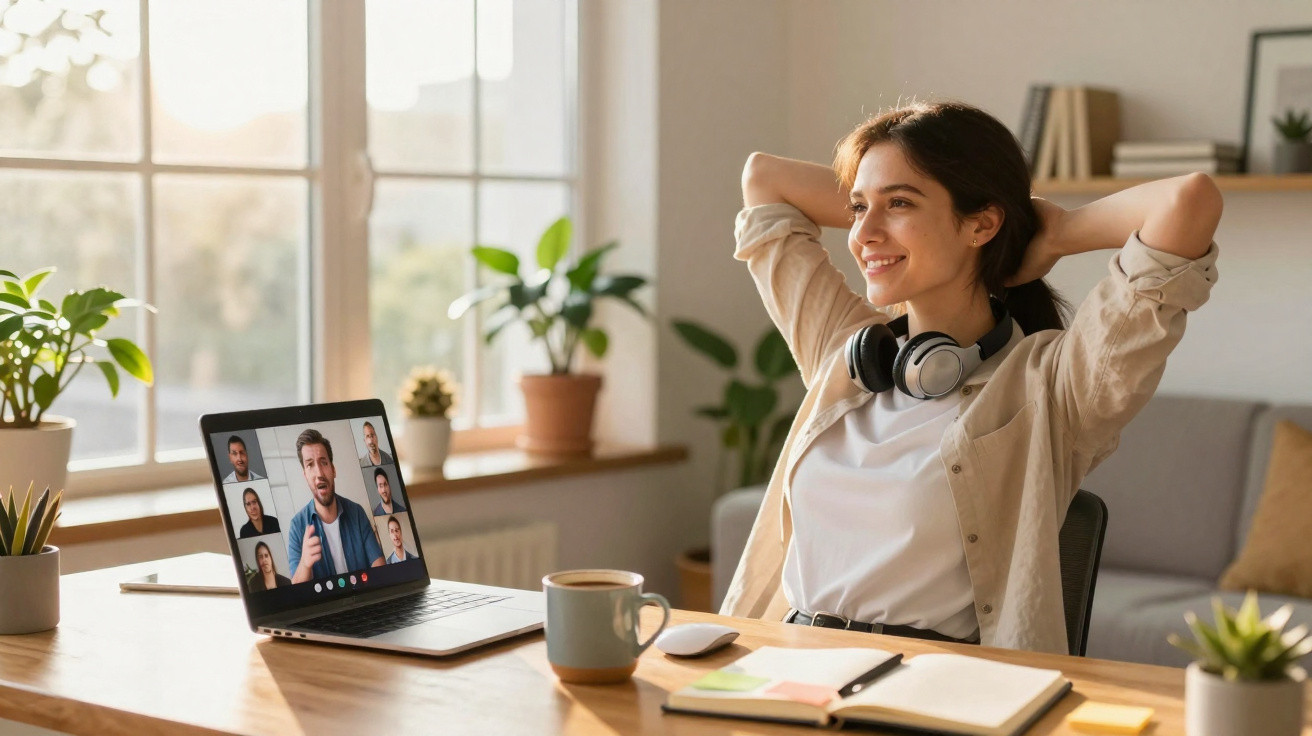 Woman smiling and stretching at desk during a video conference call on laptop in a bright home office.