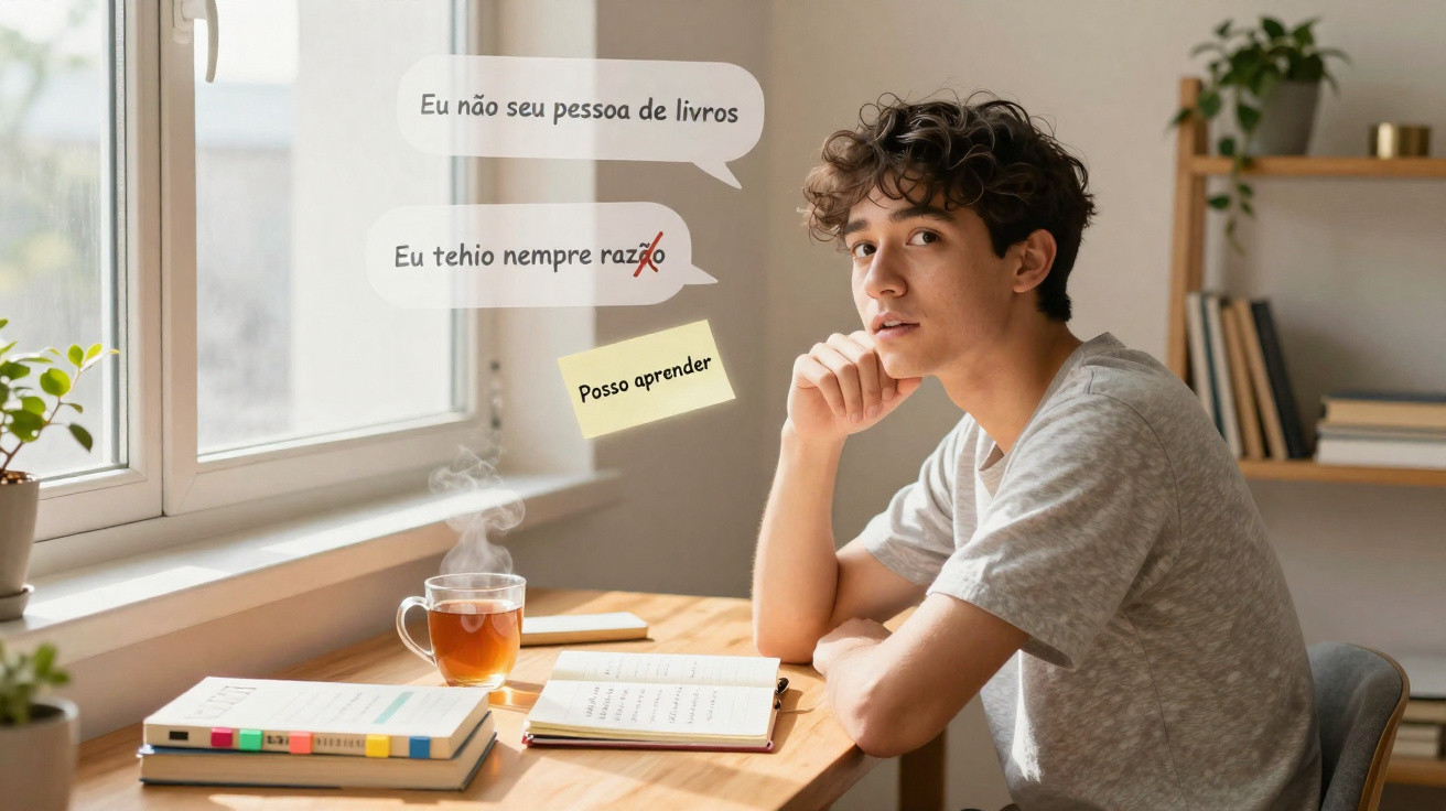 Young man sitting at a desk with books and tea near a window, thinking and looking at the camera.
