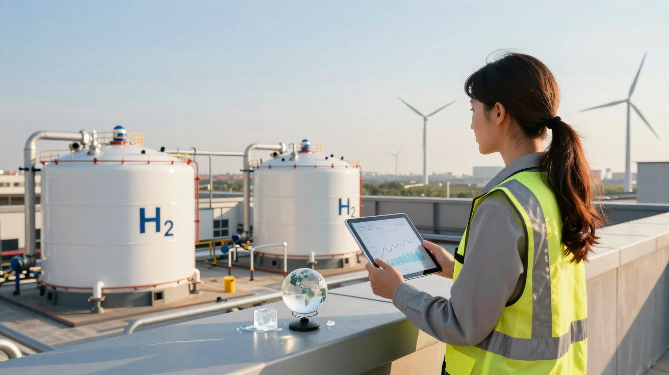 Woman in high-visibility vest using tablet overlooking hydrogen storage tanks and wind turbines at an industrial facility.