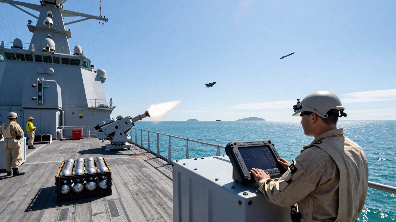A naval ship fires a missile with crew members monitoring on deck under clear sky and calm sea.