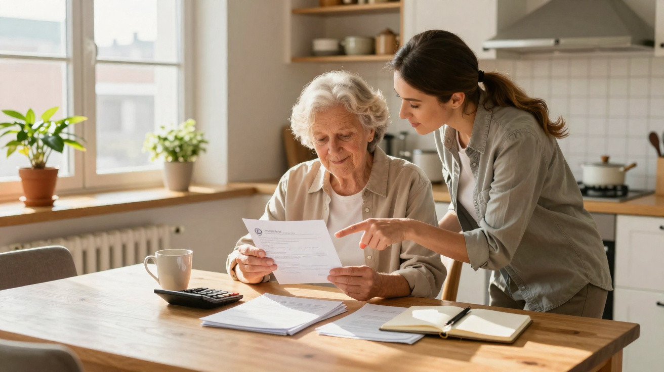 Young woman helping elderly woman review documents at a kitchen table with paperwork and a calculator.