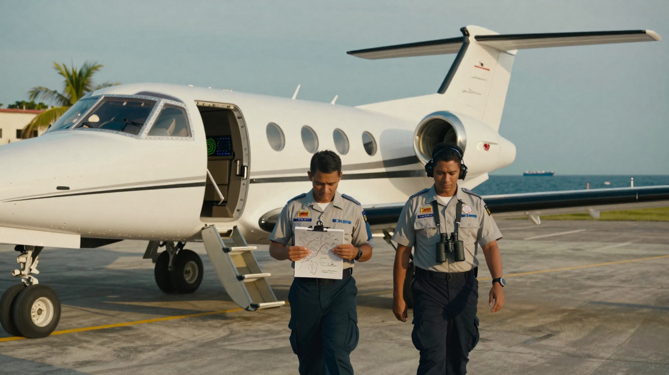 Two uniformed pilots walking away from a small private jet parked on an airport tarmac.