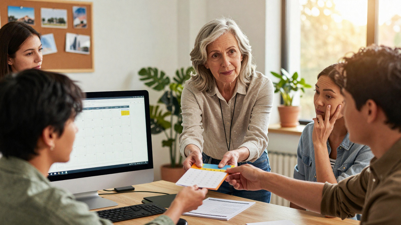 A group of colleagues in an office meeting, with a woman passing a calendar to a seated man.