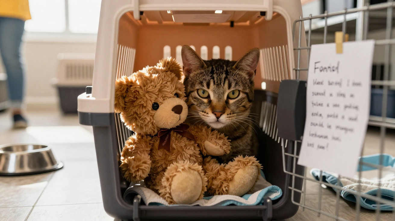 Tabby cat sitting inside a pet carrier with a brown teddy bear on a blanket.