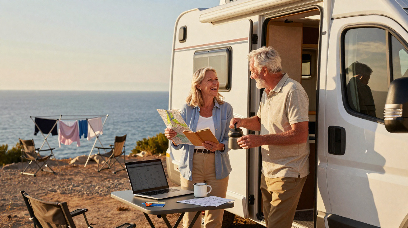 Older couple enjoying coffee and map outside motorhome with ocean view, camping chairs, and drying clothes nearby.