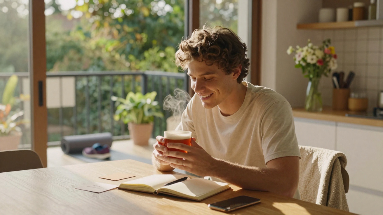 Young man smiling while holding a steaming cup of tea at a wooden kitchen table with an open notebook.
