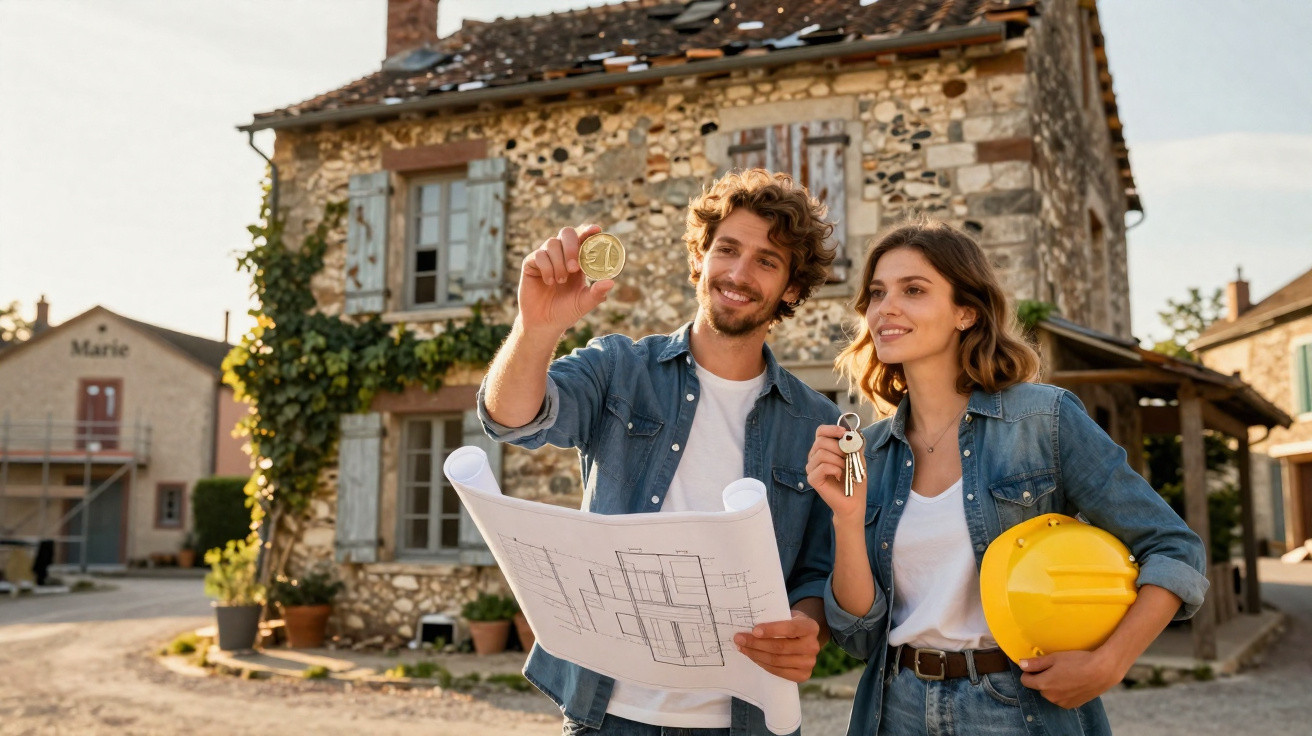 Smiling couple holding house keys and blueprint outside a rustic stone house under renovation.