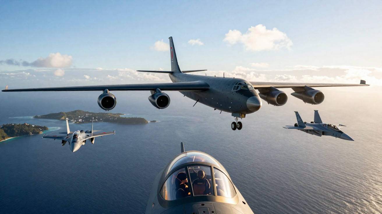 Four military aircraft flying in formation above the ocean near a small island at sunset.
