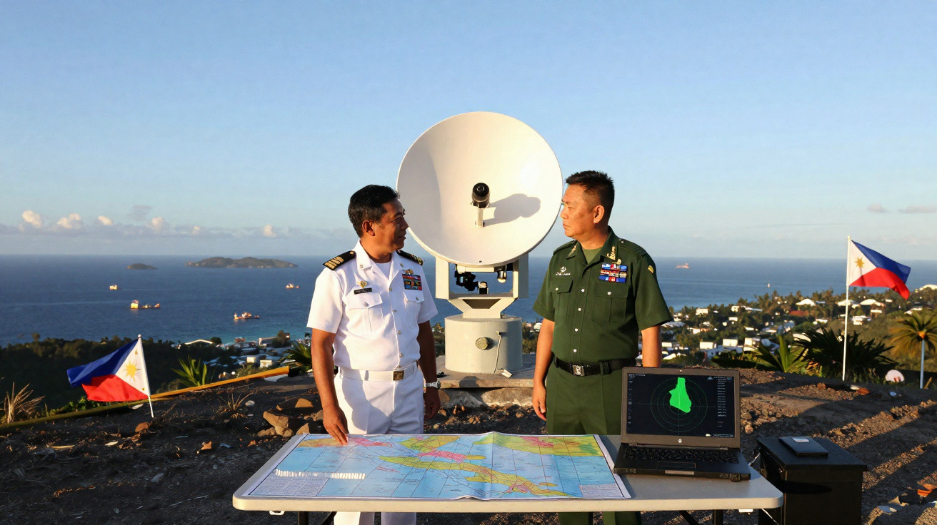 Two military officers in uniform discuss over a table with a map and laptop by a large satellite dish outdoors.