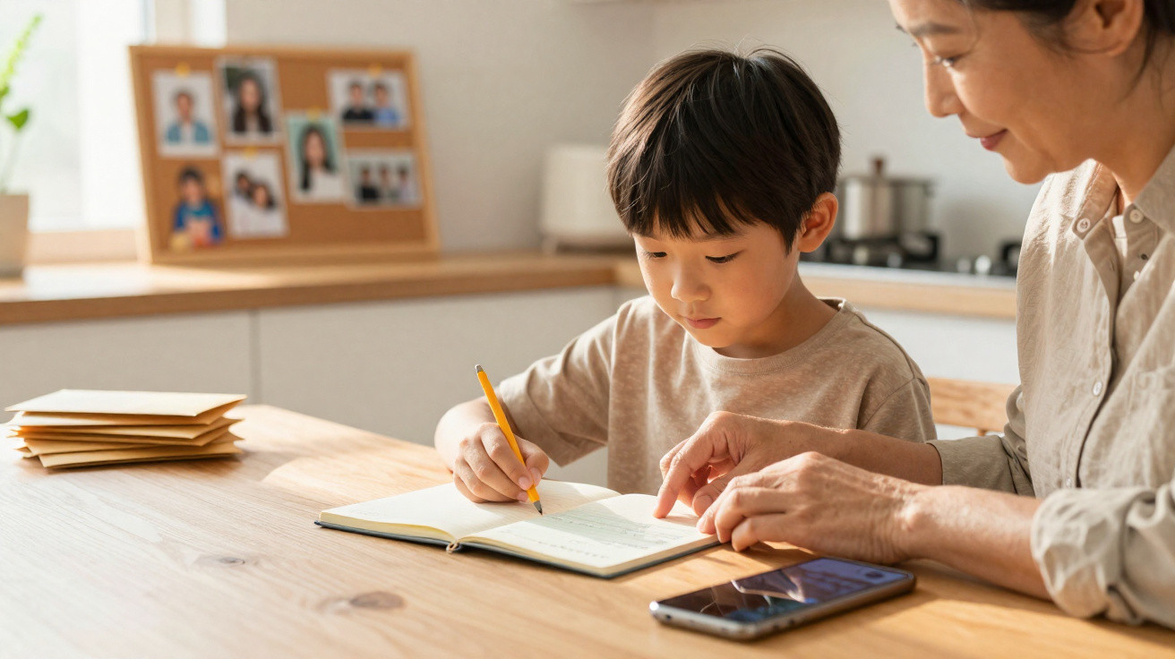 Young boy writing in notebook at kitchen table with adult woman guiding him, smartphone nearby.