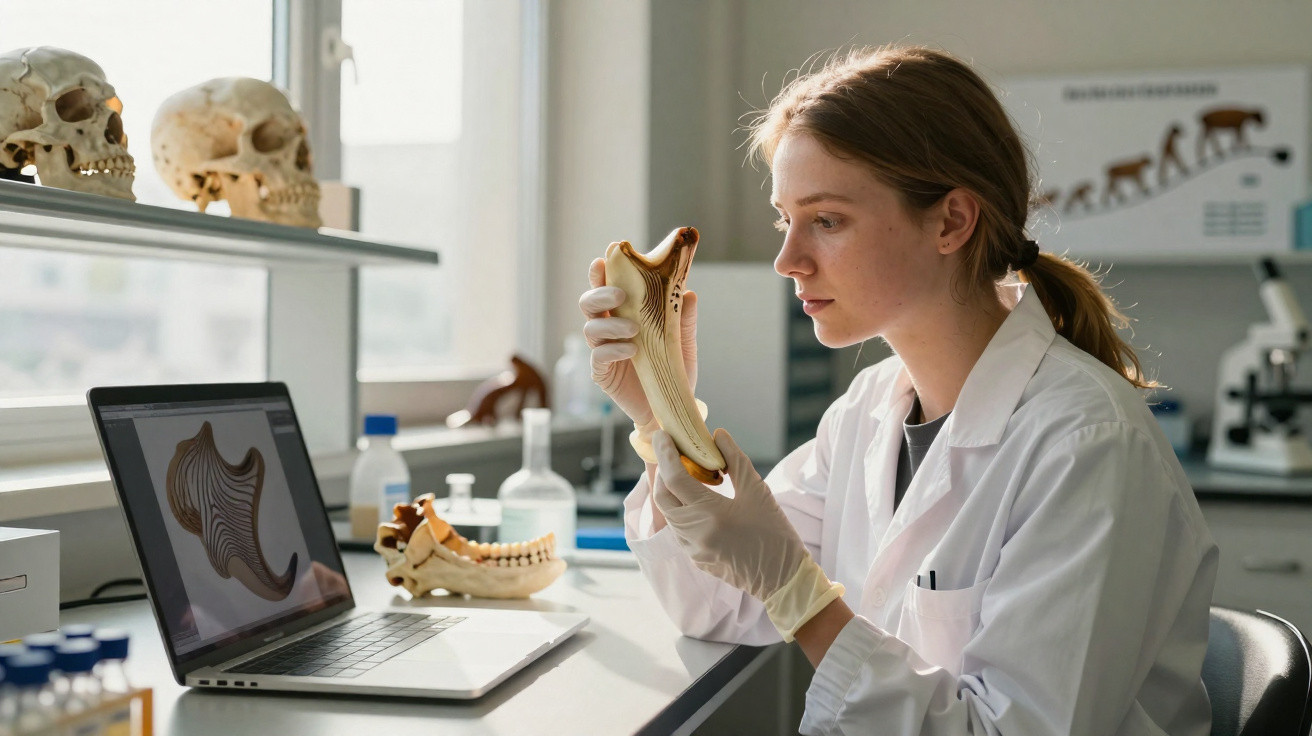 Female scientist in lab coat examining a jawbone model with skulls and laptop displaying anatomical images nearby