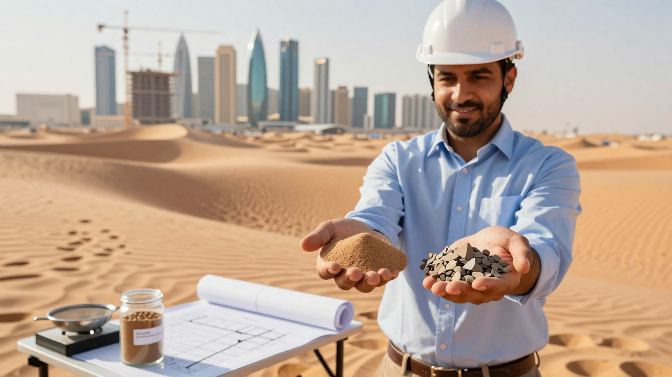 Engineer in a hard hat holding sand and gravel samples in a desert with a city skyline in the background.