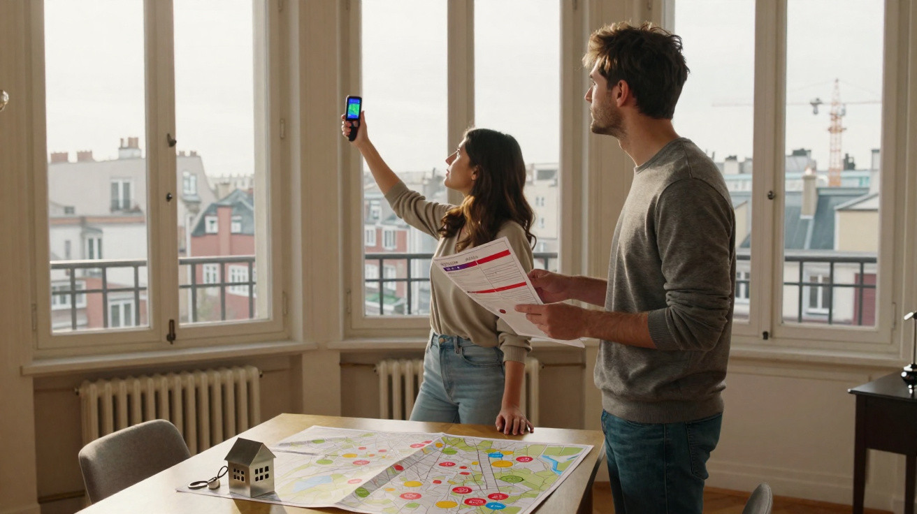 Couple inspecting windows of a bright apartment with plans and a toy house on the table.