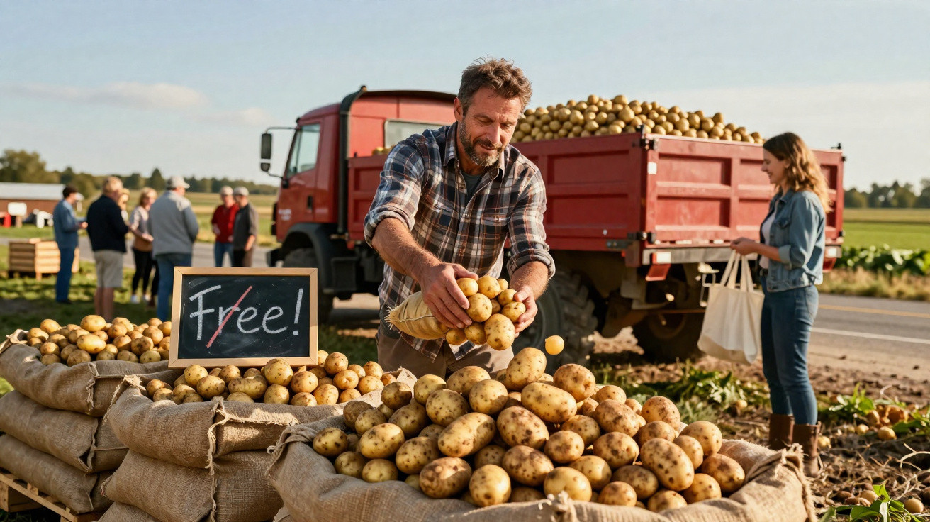Man pouring potatoes from a sack on a market stall with a red truck and people in the background.