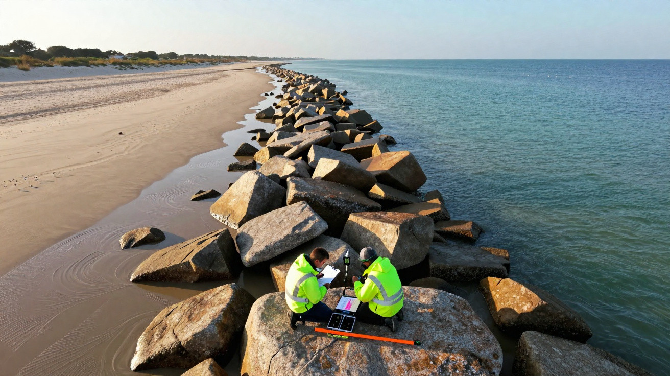 Two workers in high-visibility jackets conducting measurements on large coastal rocks beside a calm sea and sandy beach.