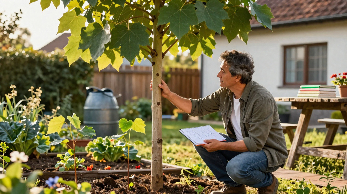 Man examining a young tree in a garden, holding a notebook, with a picnic table and house in the background.