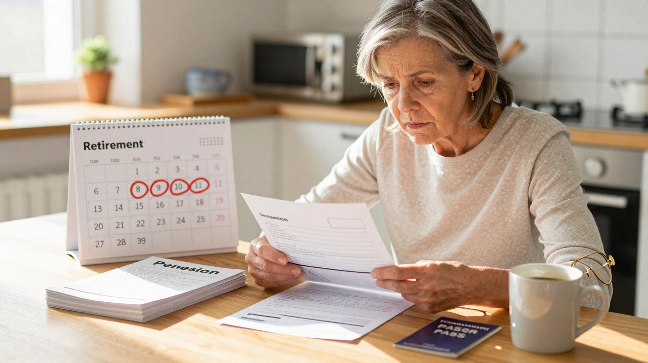Elderly woman reviewing pension documents at kitchen table with retirement calendar and passport nearby.