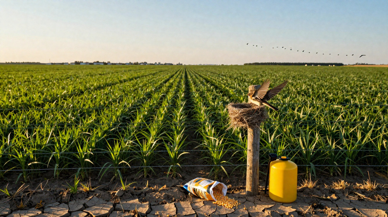 Bird landing on a nest on a post beside a cornfield at sunset with spilled corn and a yellow container nearby.