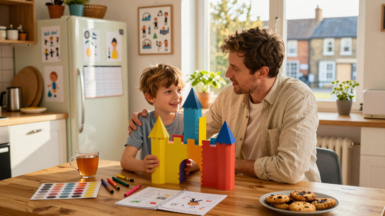 Father and son building a colourful toy castle together at a kitchen table with art supplies and cookies.
