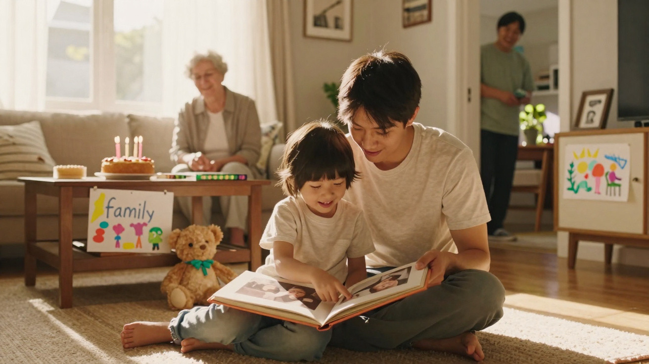 Father and child reading a photo album on the floor, with family members in the background at home.