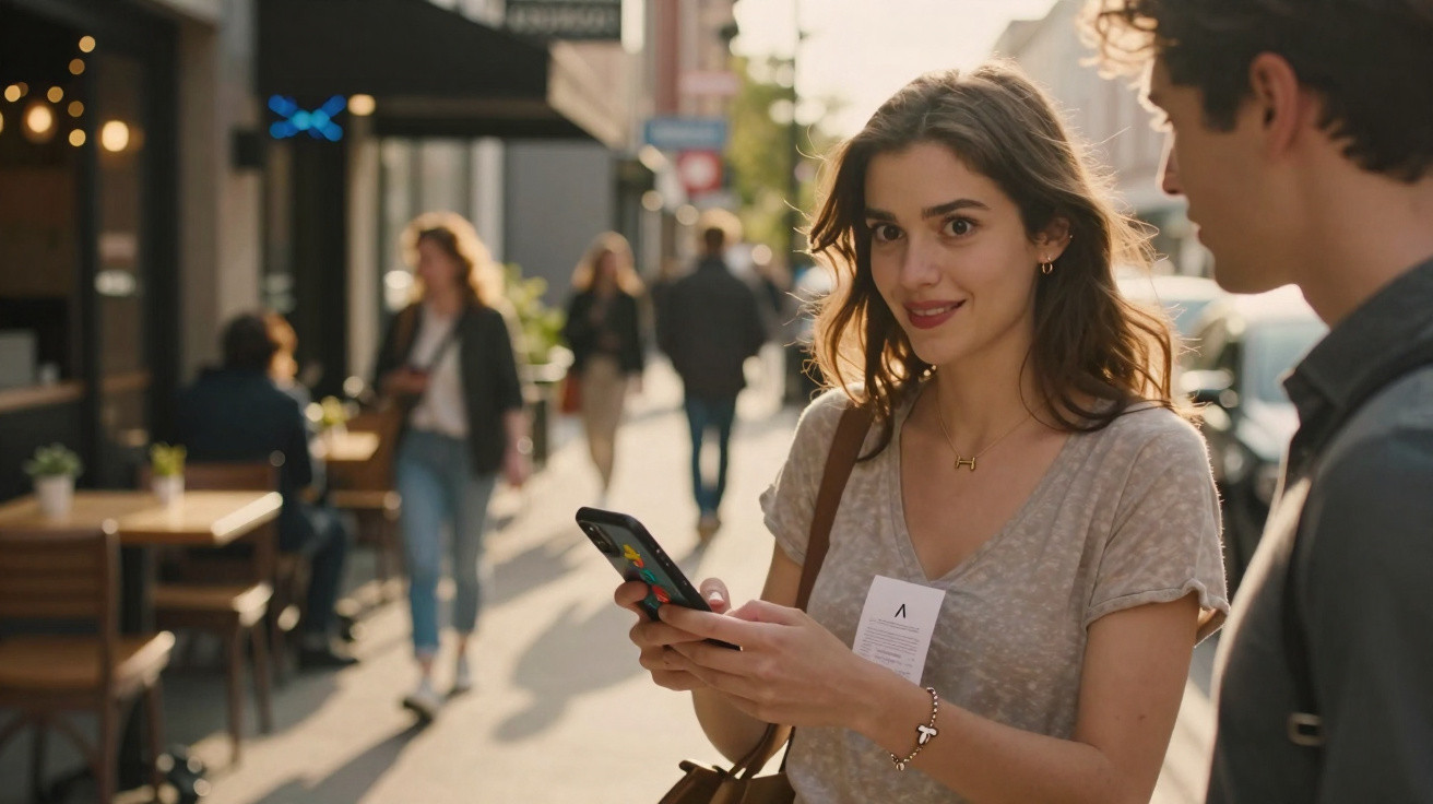 Young woman holding a smartphone on a busy city street with people walking and sitting at outdoor café tables.