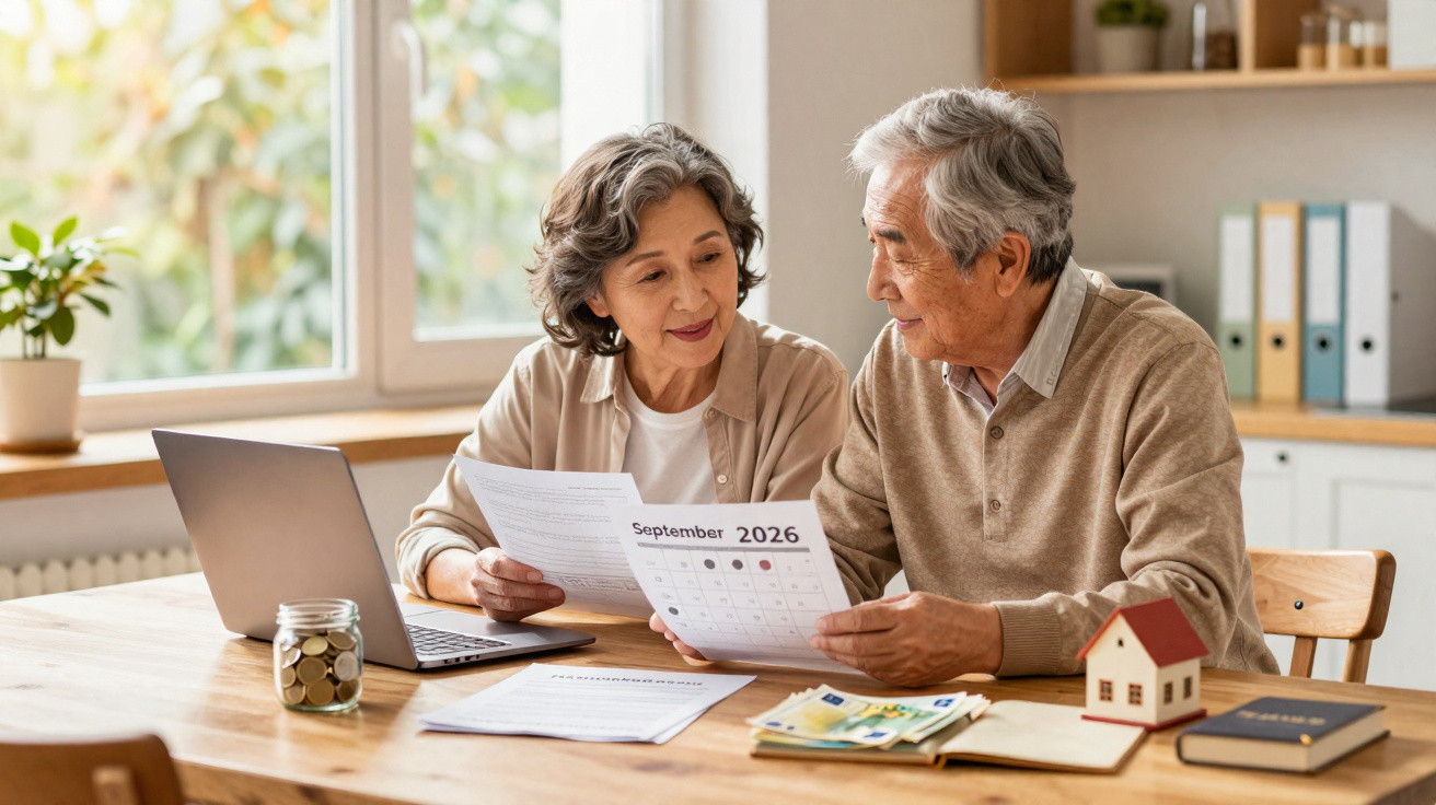Elderly couple planning finances at a table with a laptop, calendar, money, and house model.