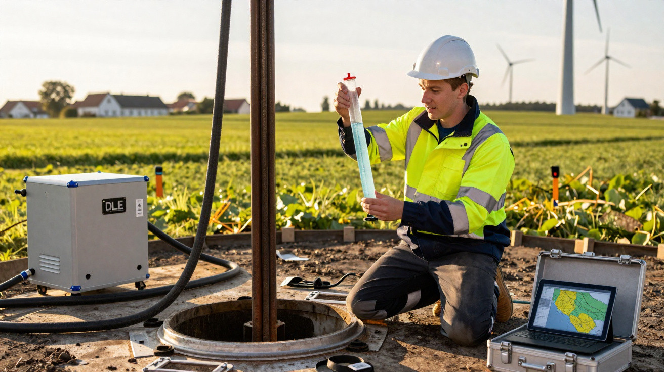 Engineer in high-visibility jacket and helmet collects soil sample at a field site with wind turbines and equipment nearby.