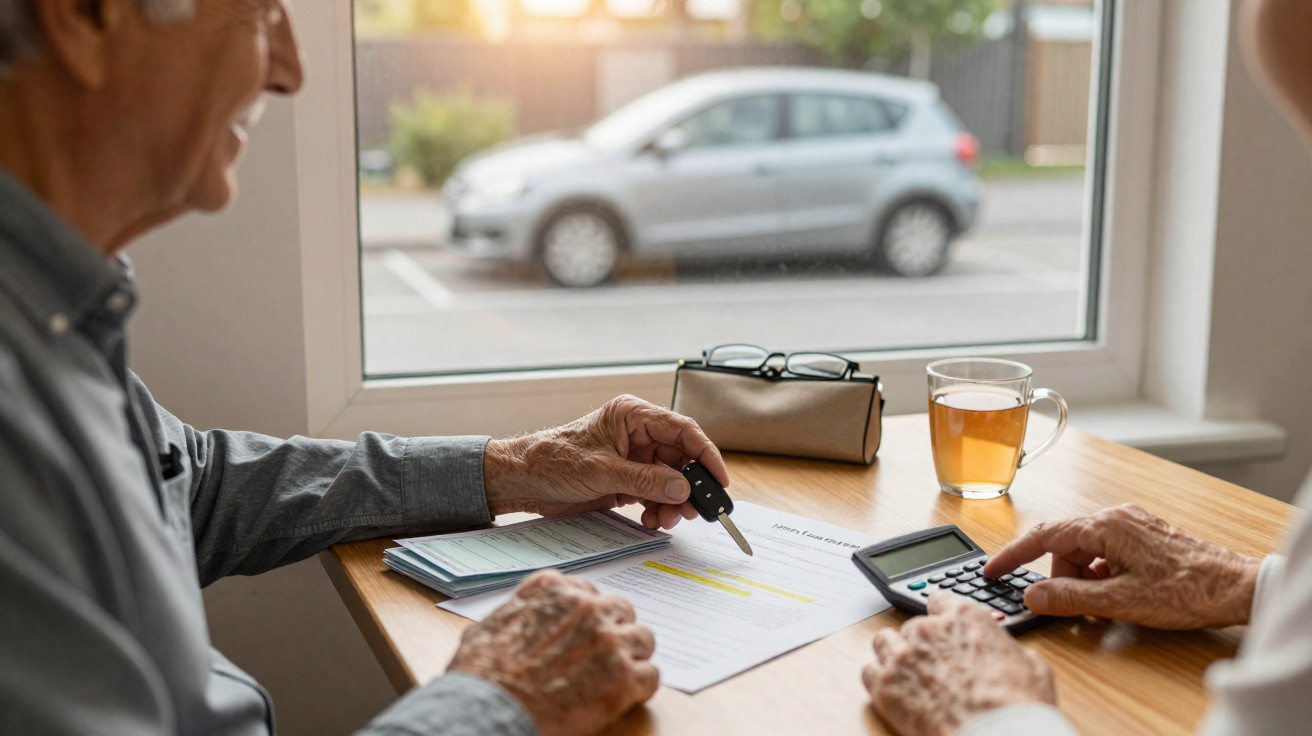 Two elderly people reviewing financial documents with a calculator and car keys by a window.