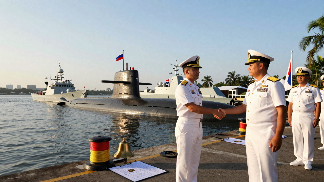 Two naval officers in white uniforms shake hands on a dock with a submarine and ships in the background.