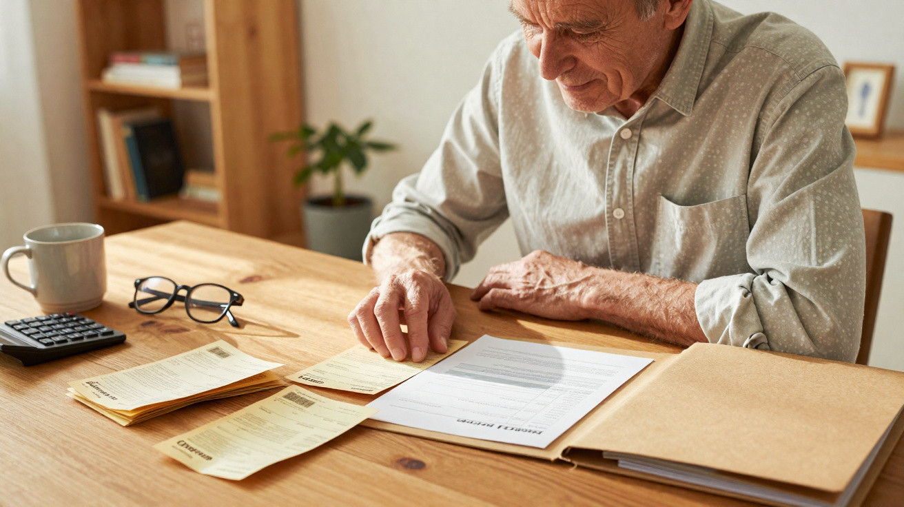 Elderly man reviewing financial documents at a wooden table with a calculator, glasses, and mug nearby.