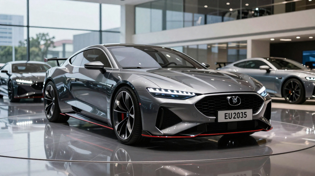 Sleek silver sports car with LED headlights displayed indoors on a shiny floor, two cars visible in the background.
