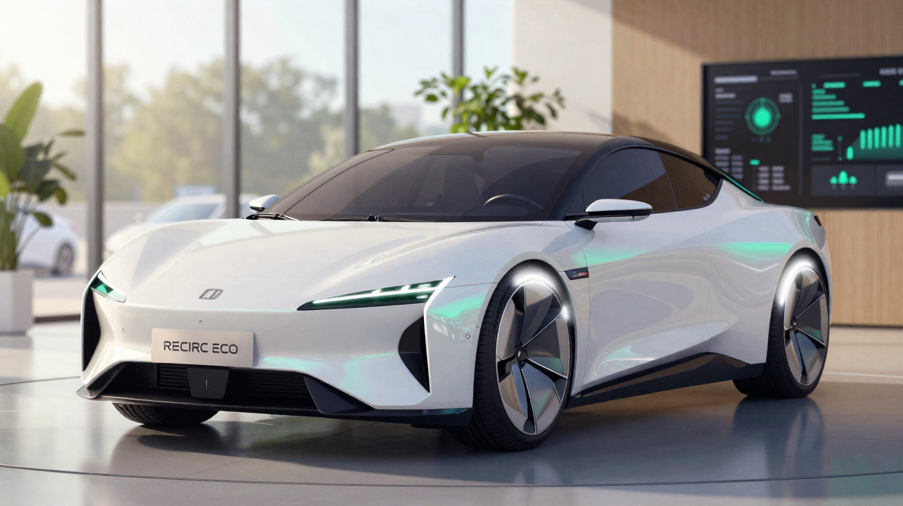 Sleek white electric sports car with tinted windows displayed in a modern showroom with large windows.