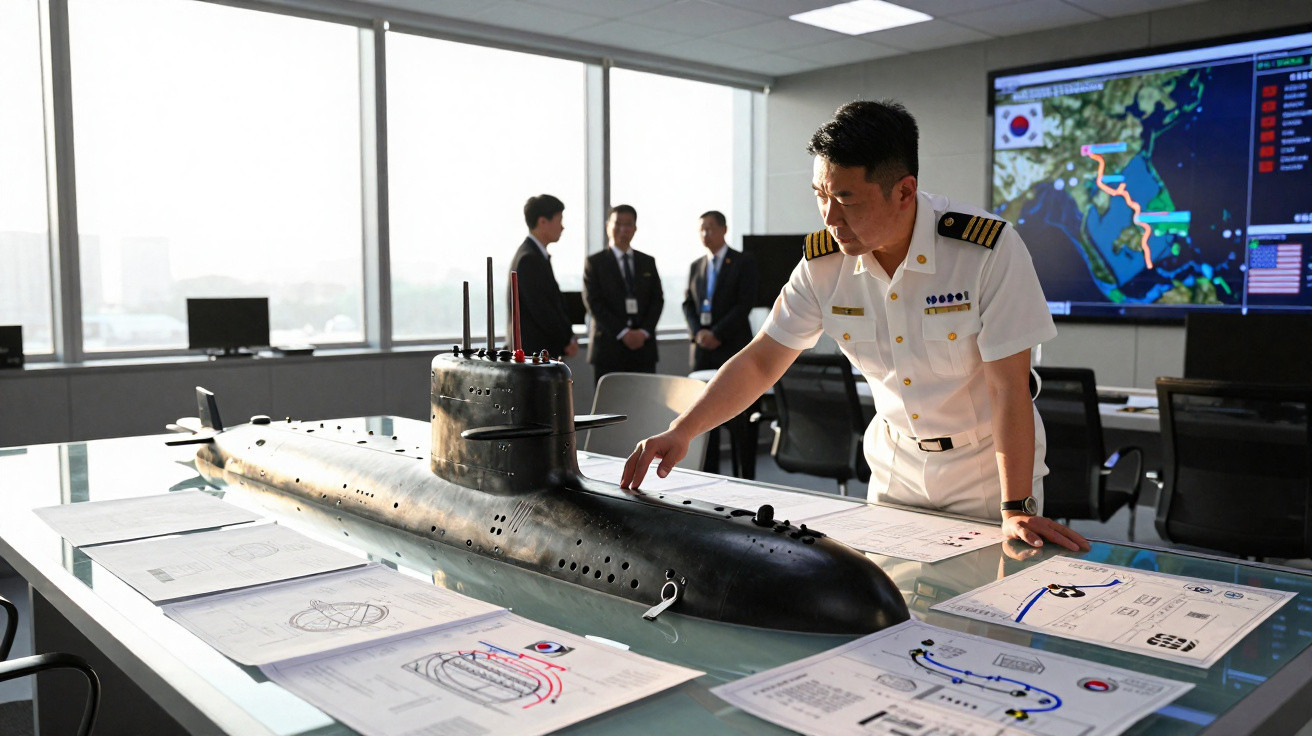 Naval officer in white uniform examining submarine model and blueprints in office with colleagues and map screen.