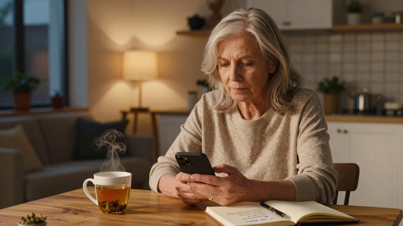 Elderly woman sitting at a wooden table using a smartphone with a steaming cup of tea and an open notebook nearby.