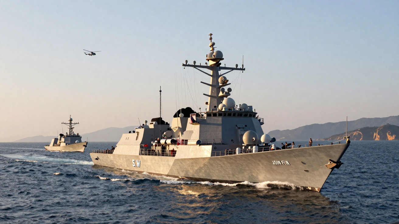 Two military ships sailing on calm sea with a helicopter flying nearby and distant mountains under clear sky.
