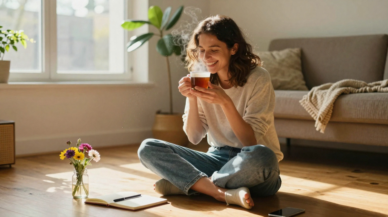 Woman sitting cross-legged on floor enjoying a hot cup of tea in a sunlit, cozy living room.