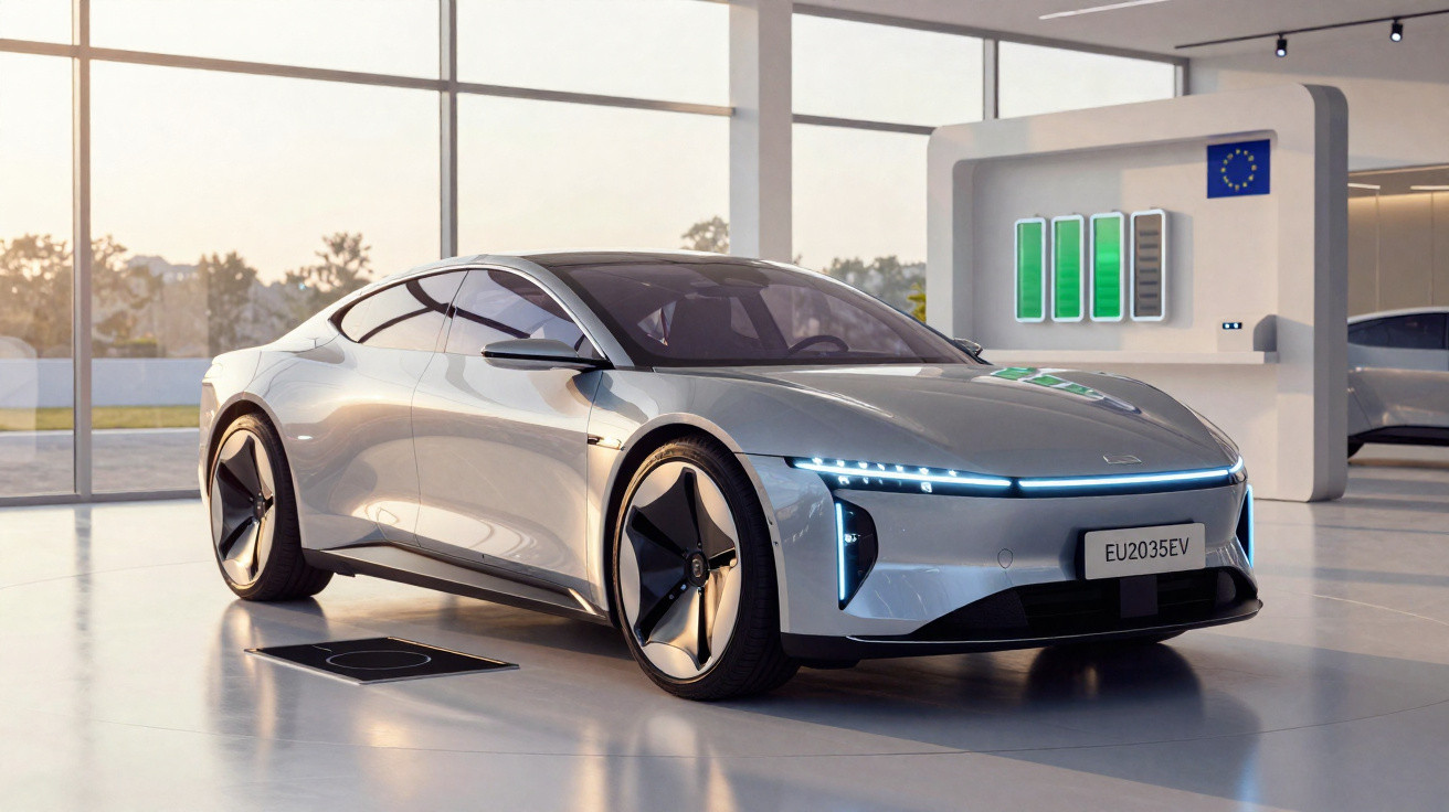 Sleek silver electric car charging inside a modern showroom with large windows and a battery status display.