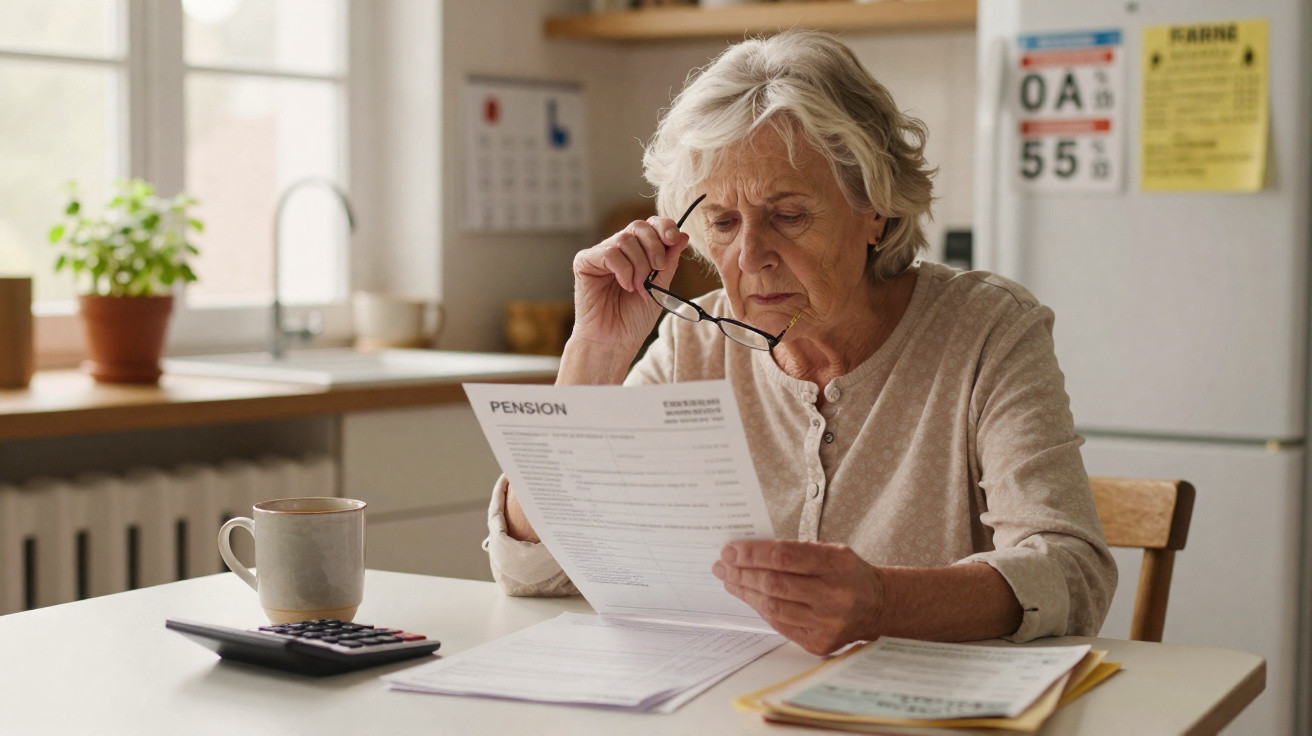 Elderly woman reading pension documents at a kitchen table with a mug and calculator nearby.