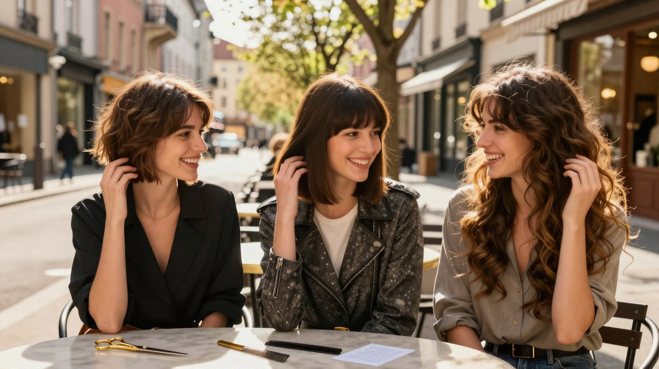Three young women smiling and sitting at an outdoor café table on a sunny day in a city street.