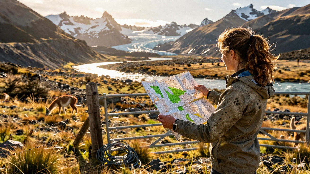 Woman in jacket holding a map near a fence overlooking a river, grazing deer, and snow-capped mountains at sunset.