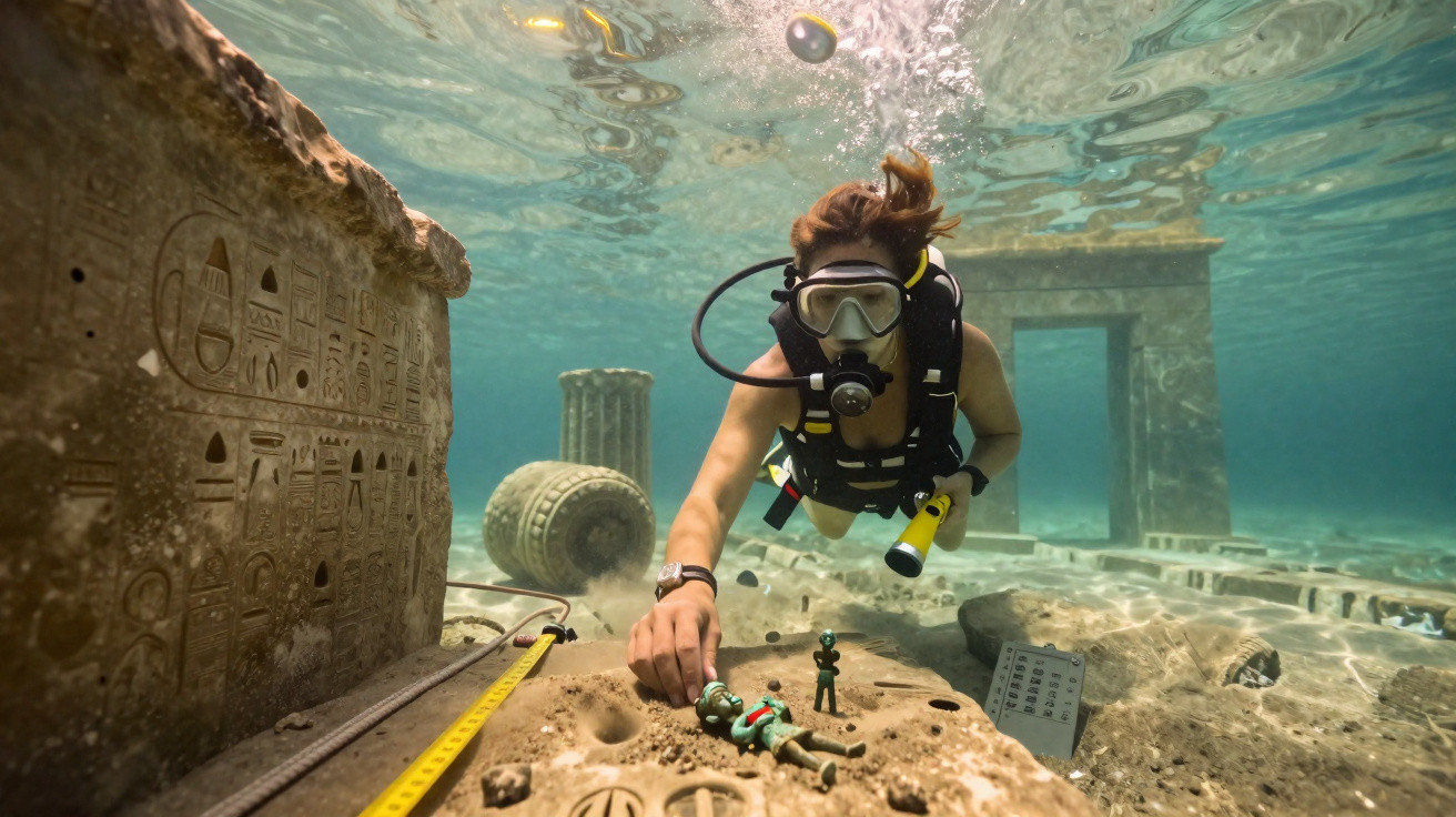 Scuba diver exploring ancient underwater ruins with hieroglyphs and submerged artefacts in clear blue water.