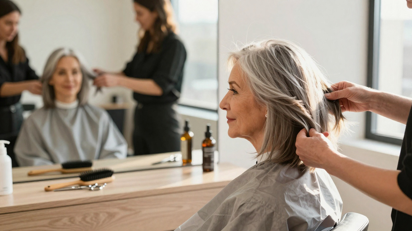 Older woman with grey hair having her hair styled at a modern salon, reflected in the mirror.