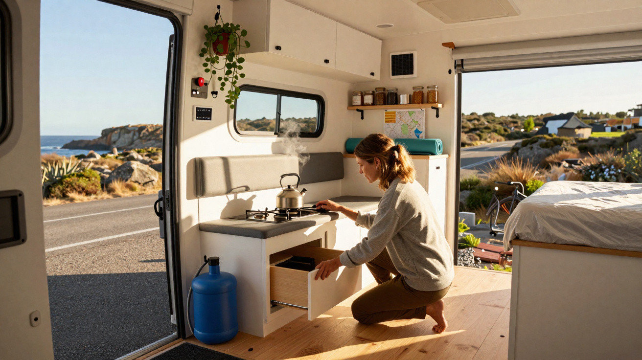 Woman cooking in a campervan kitchen with open doors showing coastal road and rocky landscape outside.