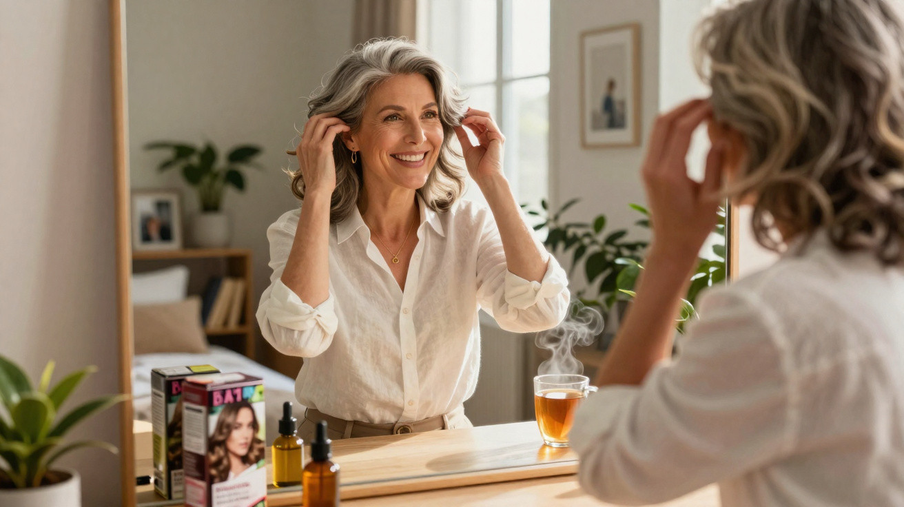 Smiling middle-aged woman adjusting her hair while looking in a mirror at a sunlit vanity table with tea.