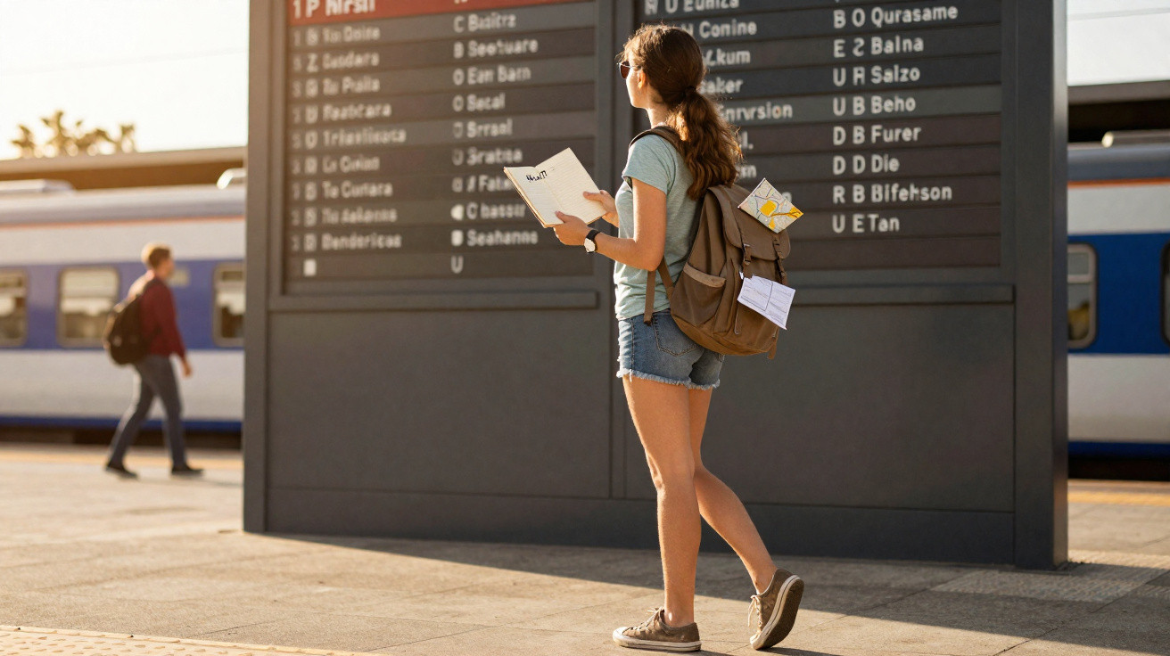 Young woman with a backpack looking at a train schedule board on a sunlit platform next to a stationary train.