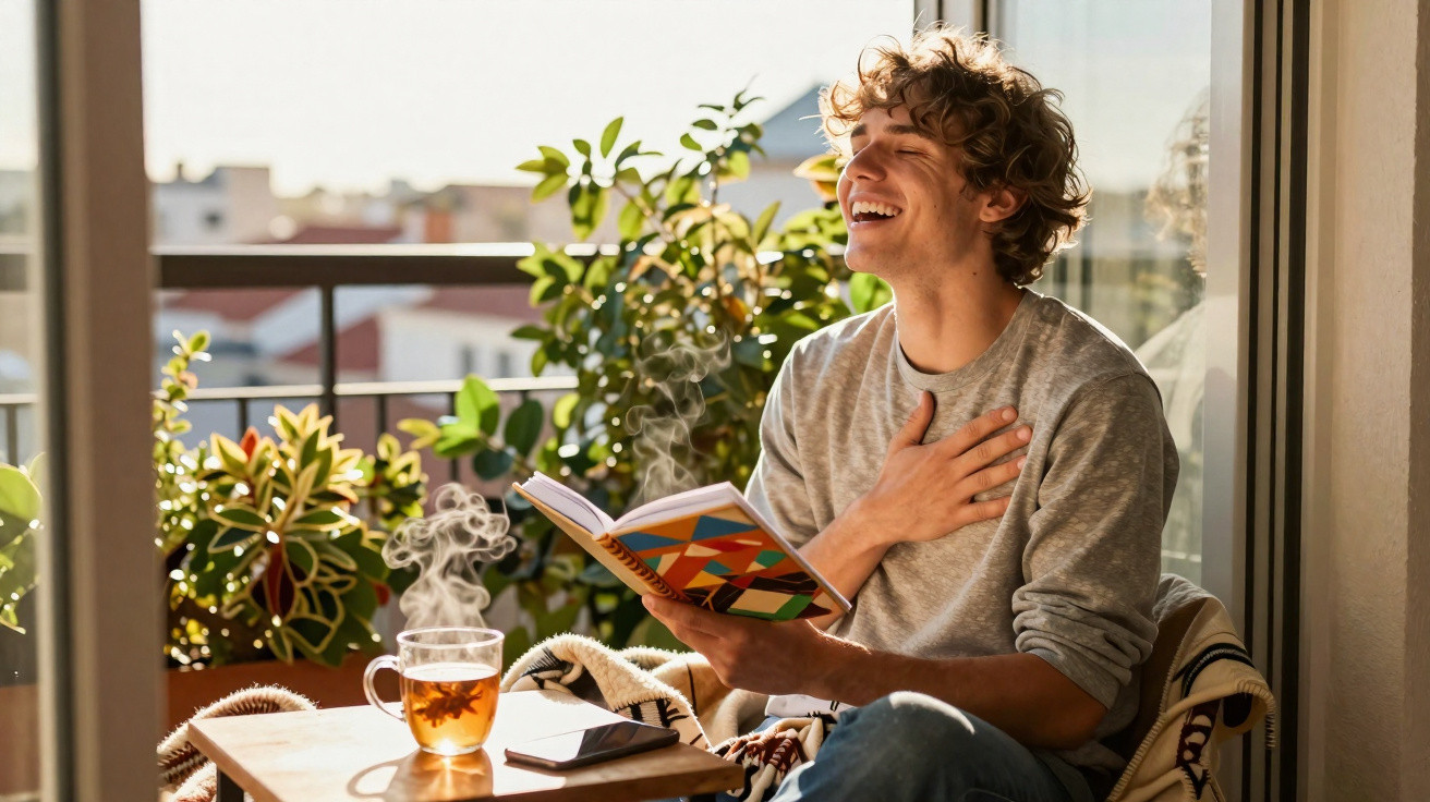 Young man laughing while reading a colourful book on a balcony with steaming tea nearby on a sunny day.