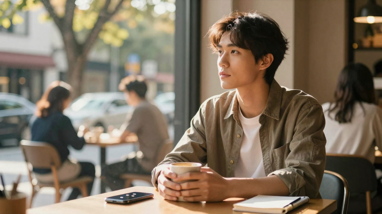 Young man holding a cup, sitting at a café table with a phone and notebook nearby, looking out the window.