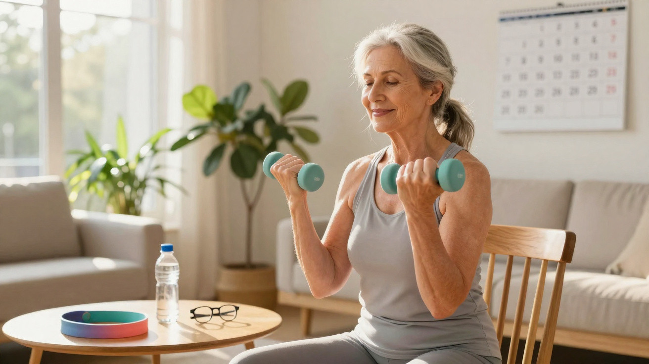 Elderly woman in grey activewear doing seated bicep curls with light dumbbells in a bright living room.