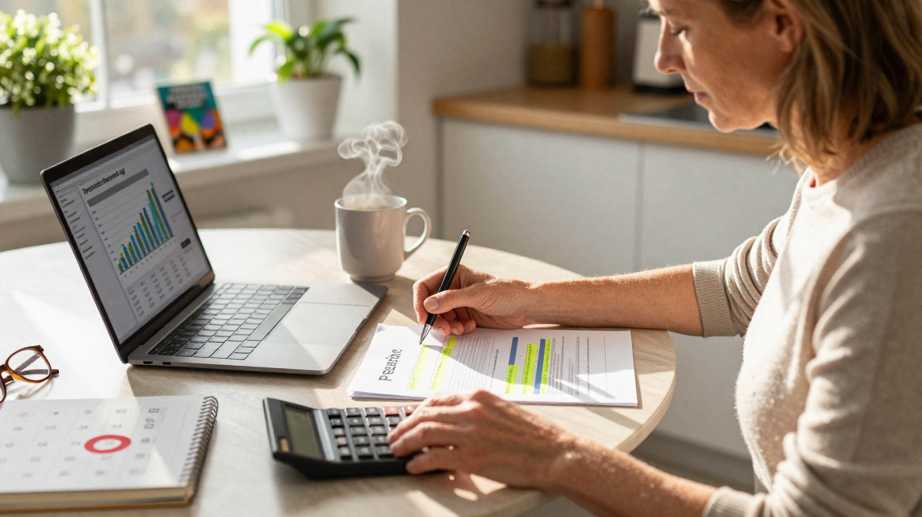 Woman working at a table with a laptop showing a graph, calculator, papers, and a steaming cup of coffee.