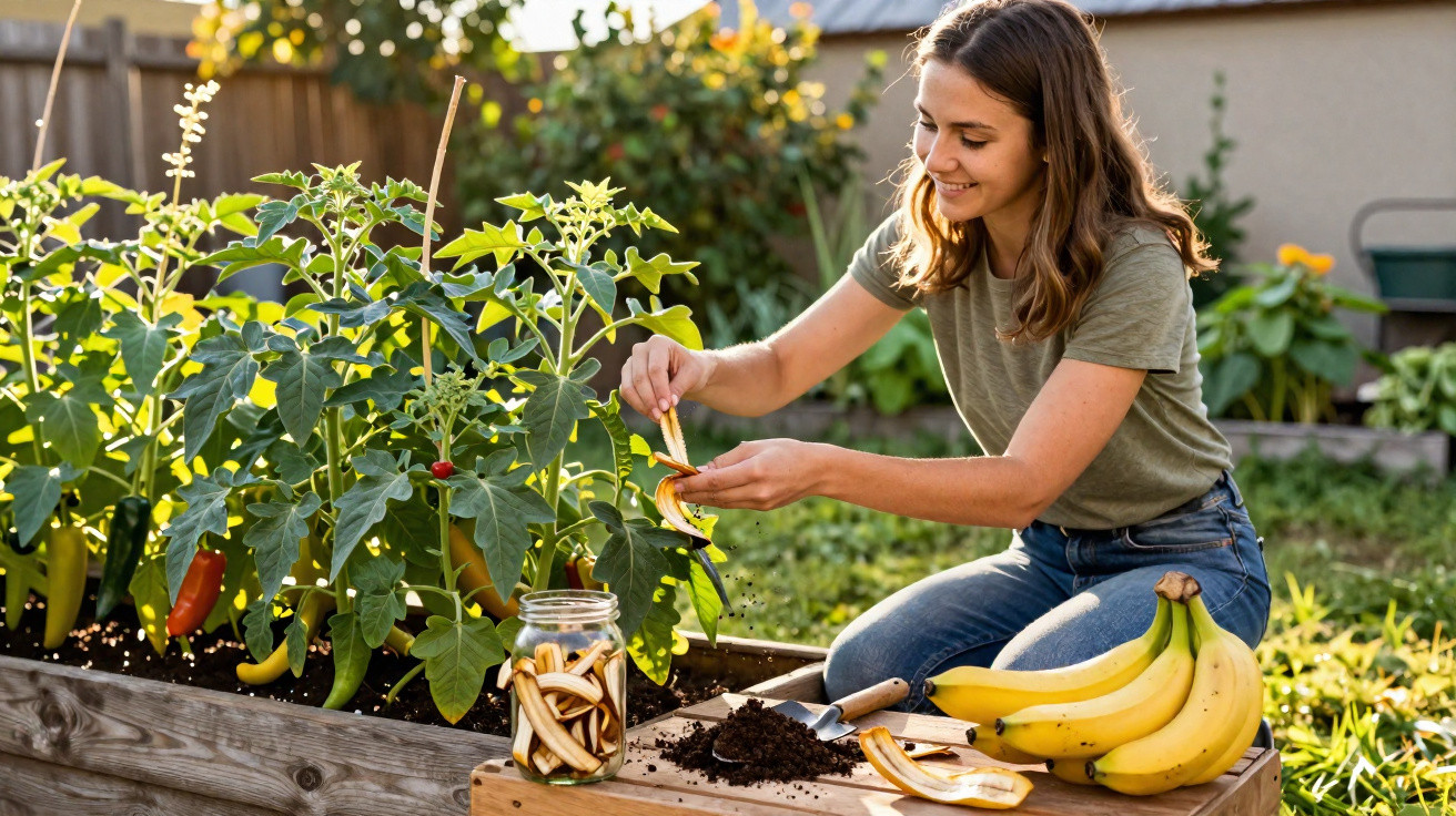 Woman sitting in garden harvesting and placing dried eggplants in jar near bananas on wooden table